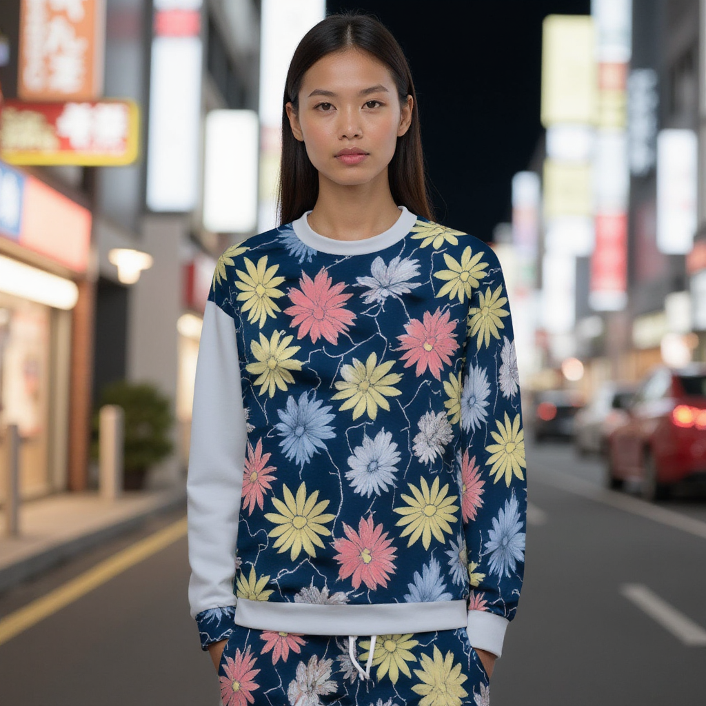 Floral Print Unisex O-neck Sweatshirt in 100% Luxury Cotton Terry Cloth