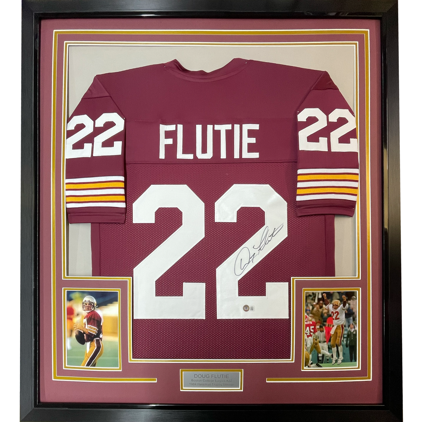 Framed Autographed/Signed Doug Flutie 35x39 Boston College Maroon Football Jersey Beckett BAS COA