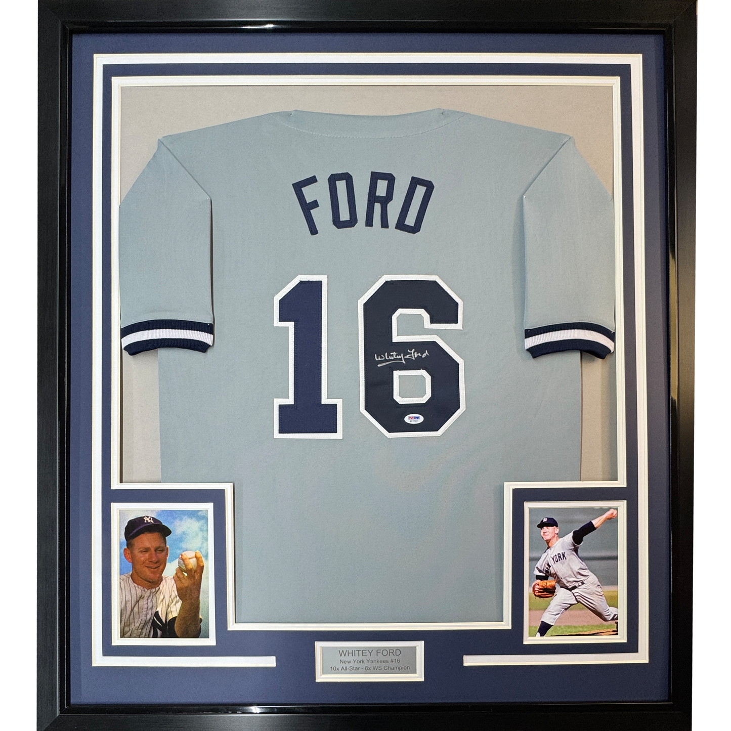 Framed Autographed/Signed Whitey Ford 35x39 New York Grey Baseball Jersey PSA/DNA COA