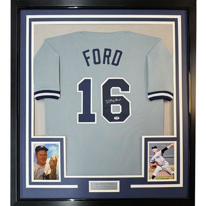 Framed Autographed/Signed Whitey Ford 35x39 New York Grey Baseball Jersey PSA/DNA COA