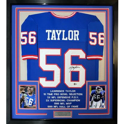 Framed Autographed/Signed Lawrence Taylor 35x39 New York Blue Stat Football Jersey Beckett BAS COA