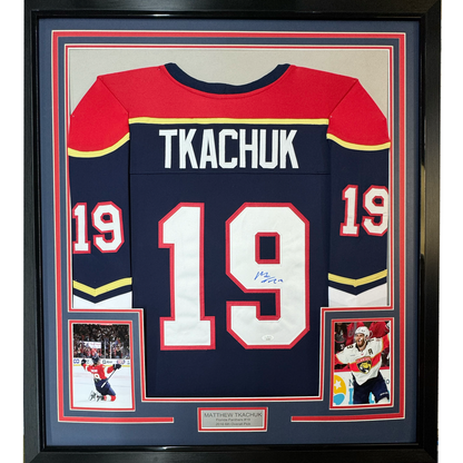 Framed Autographed/Signed Matthew Tkachuk 35x39 Florida Blue Hockey Jersey JSA COA