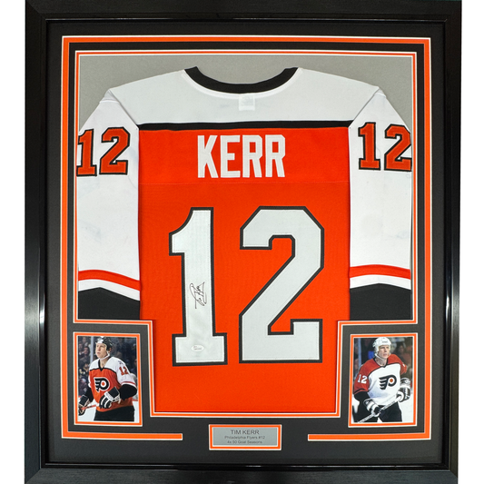Framed Autographed/Signed Tim Kerr 35x39 Philadelphia Orange Hockey Jersey JSA COA