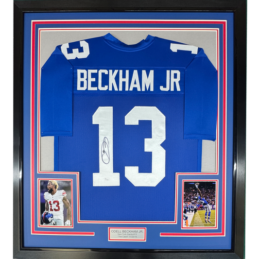 Framed Autographed/Signed Odell Beckham Jr. 35x39 New York Giants Blue Football Jersey JSA COA