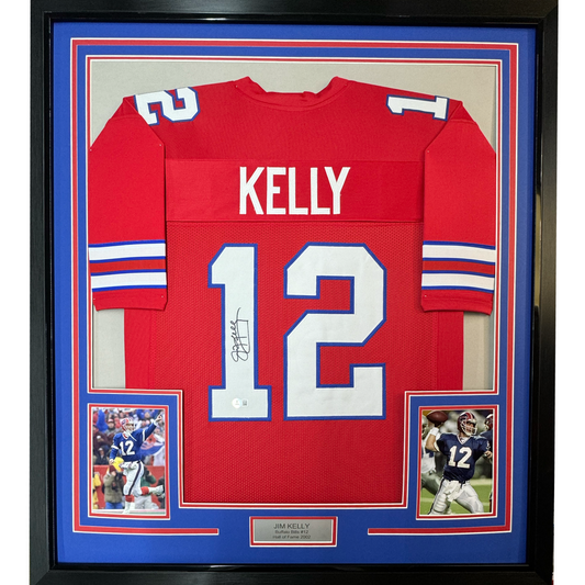 Framed Autographed/Signed Jim Kelly 35x39 Buffalo Bills Red Football Jersey JSA COA