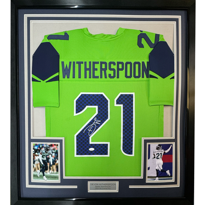 Framed Autographed/Signed Devon Witherspoon 35x39 Seattle Green Football Jersey JSA COA