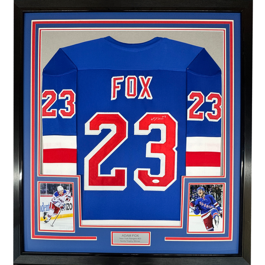 Framed Autographed/Signed Adam Fox 35x39 New York Blue Hockey Jersey JSA COA