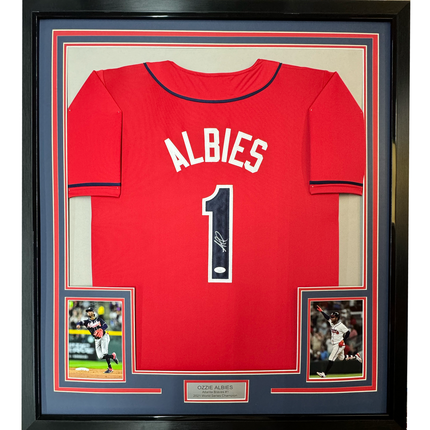 Framed Autographed/Signed Ozzie Albies 35x39 Atlanta Red Baseball Jersey JSA COA