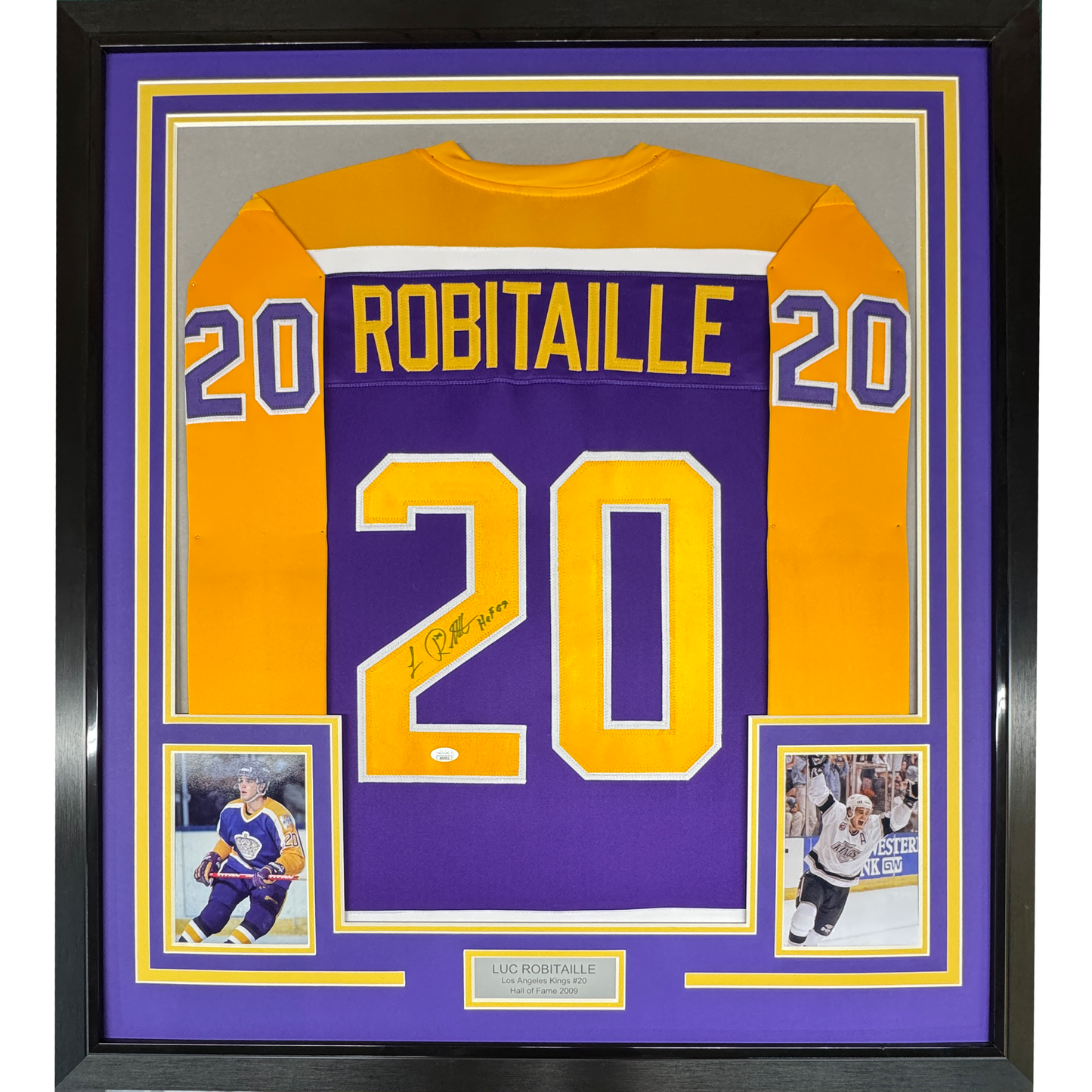 Framed Autographed/Signed Luc Robitaille HOF 09 35x39 Los Angeles LA Purple Hockey Jersey JSA COA