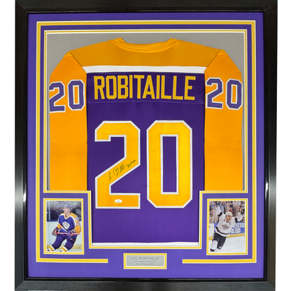 Framed Autographed/Signed Luc Robitaille HOF 09 35x39 Los Angeles LA Purple Hockey Jersey JSA COA