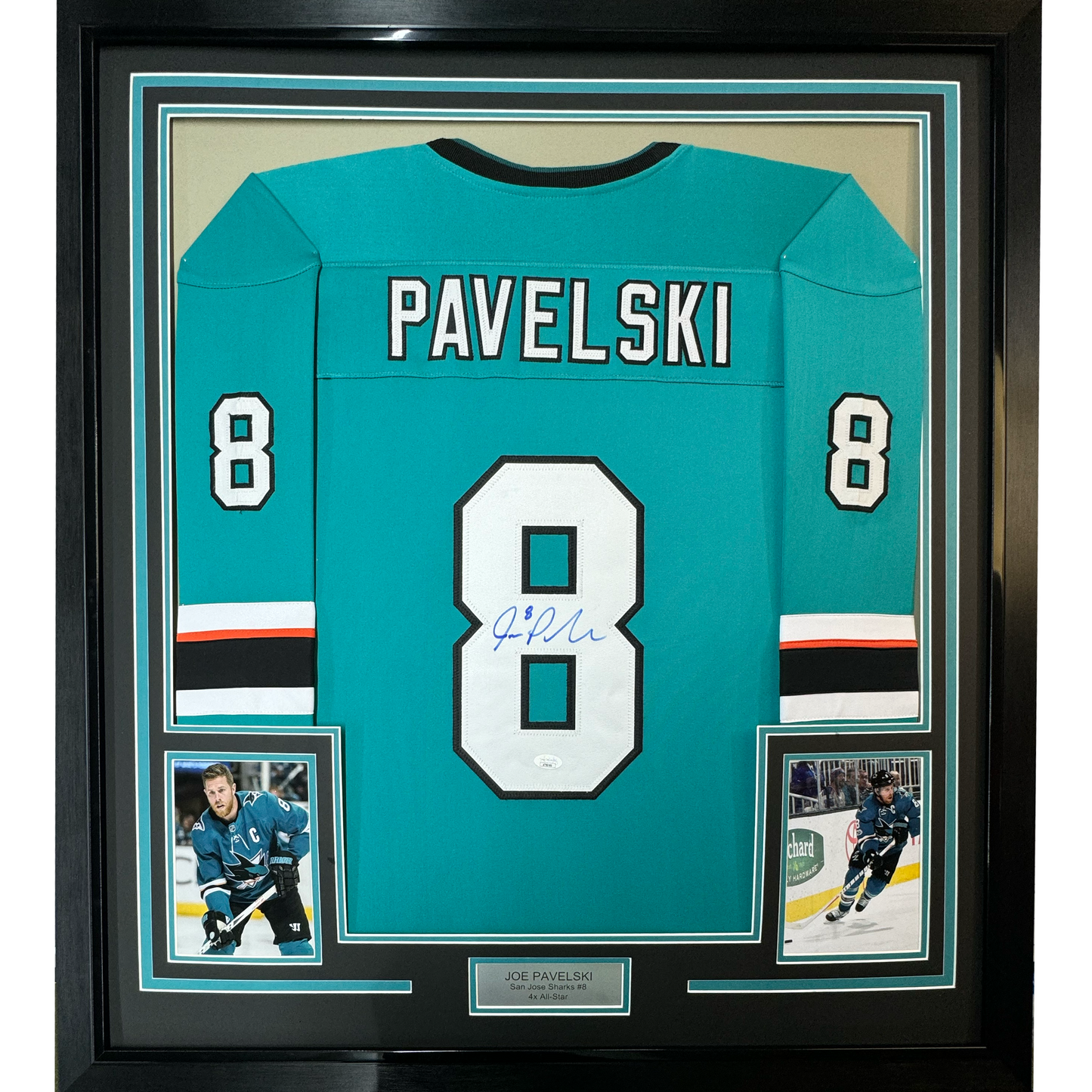 Framed Autographed/Signed Joe Pavelski 35x39 San Jose Teal Hockey Jersey JSA COA
