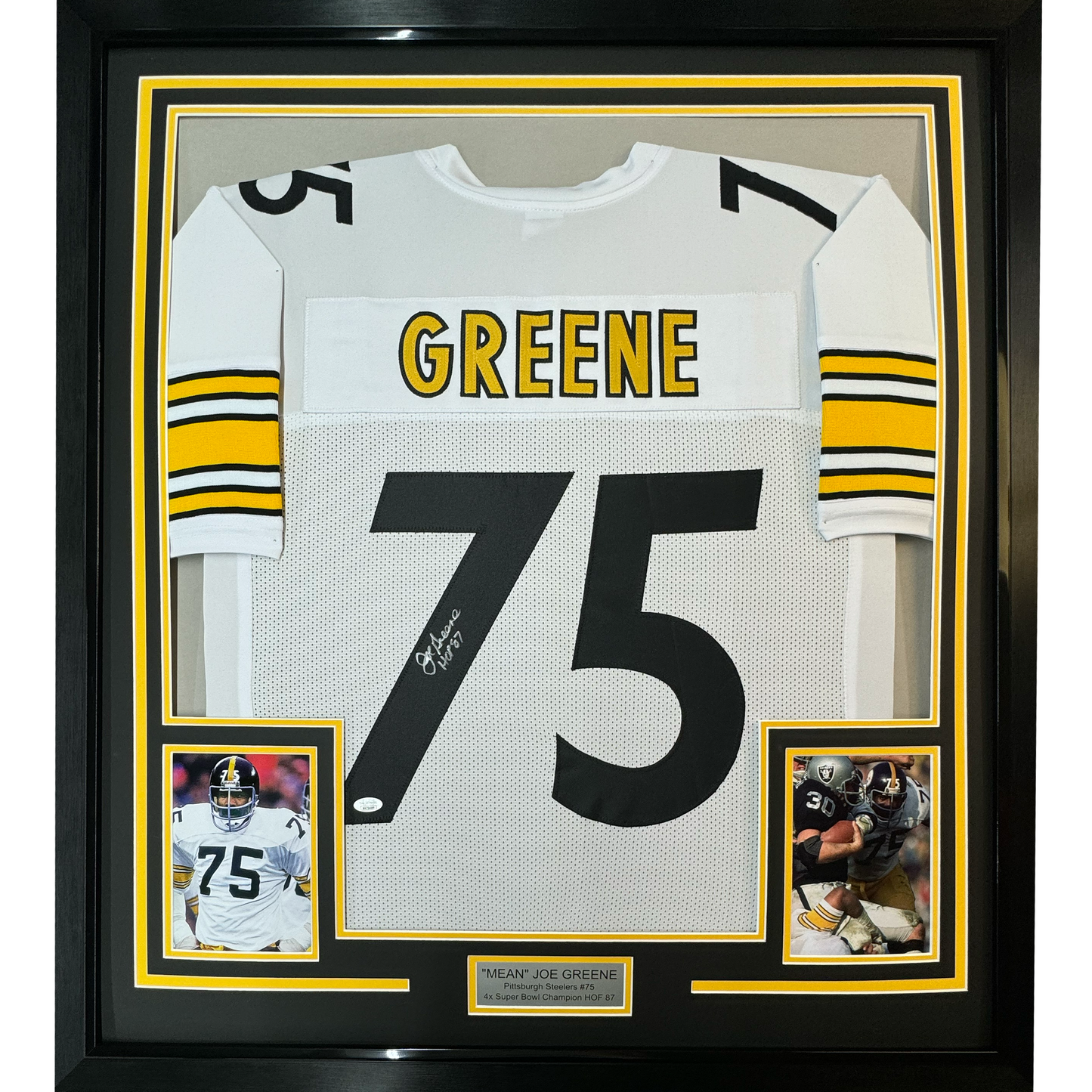 Framed Autographed/Signed Mean Joe Greene HOF 87 35x39 Pittsburgh White Football Jersey JSA COA