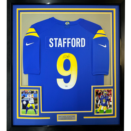 Framed Autographed/Signed Matthew Stafford 35x39 Los Angeles Rams Blue Authentic Nike Game Super Bowl LVI Football Jersey Fanatics COA