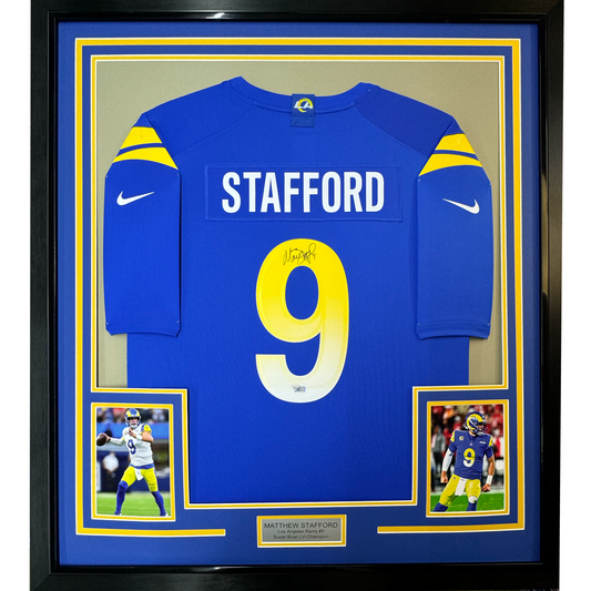 Framed Autographed/Signed Matthew Stafford 35x39 Los Angeles Rams Blue Authentic Nike Game Super Bowl LVI Football Jersey Fanatics COA