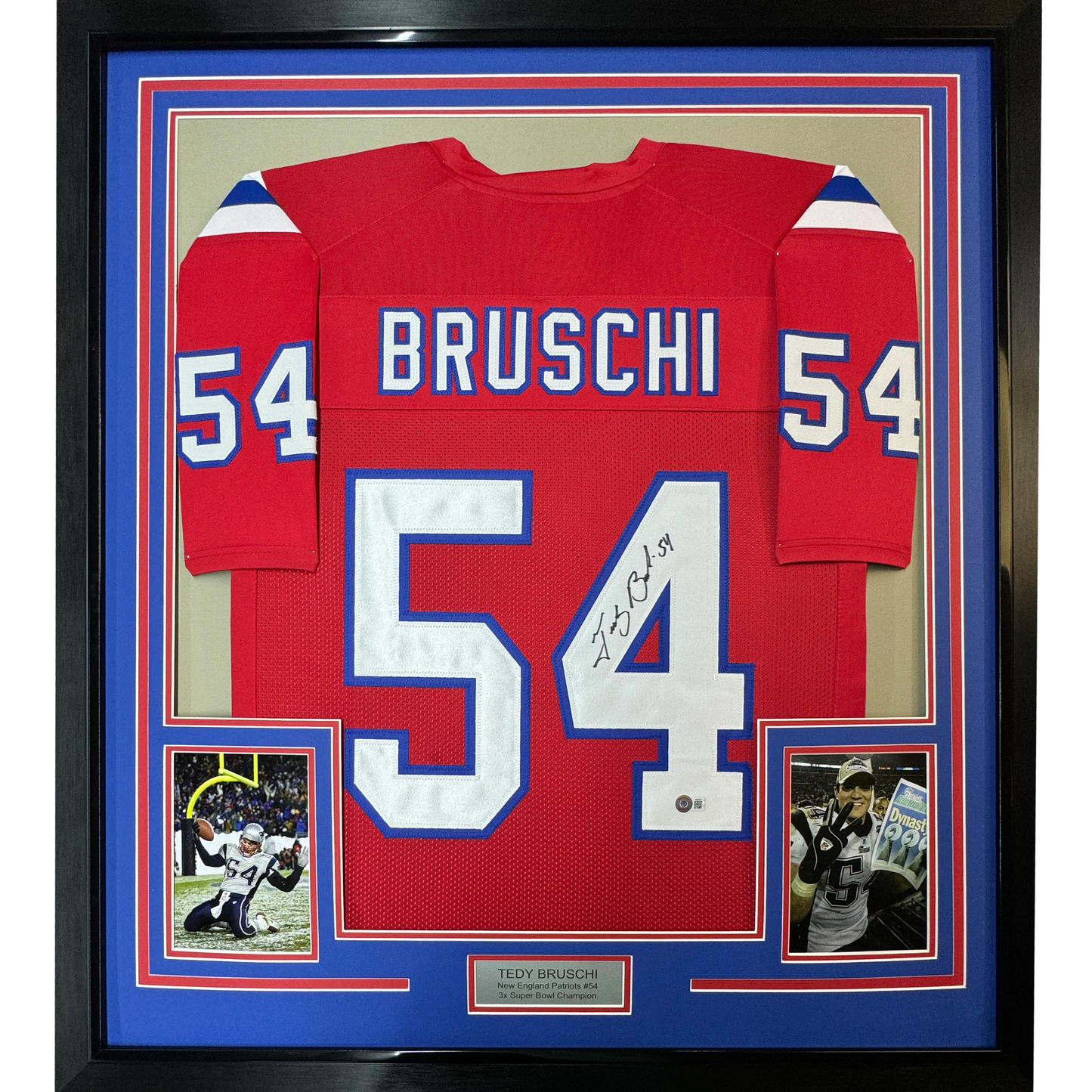 Framed Autographed/Signed Tedy Bruschi 35x39 New England Red Football Jersey JSA COA