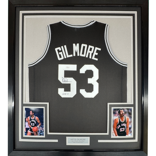 Framed Autographed/Signed Artis Gilmore HOF 11 35x39 San Antonio Black Basketball Jersey JSA COA