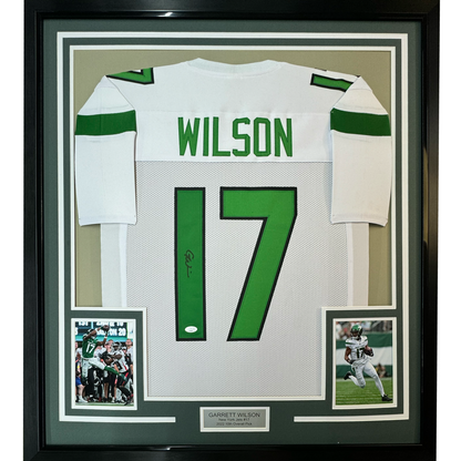 Framed Autographed/Signed Garrett Wilson 35x39 New York White Football Jersey JSA COA