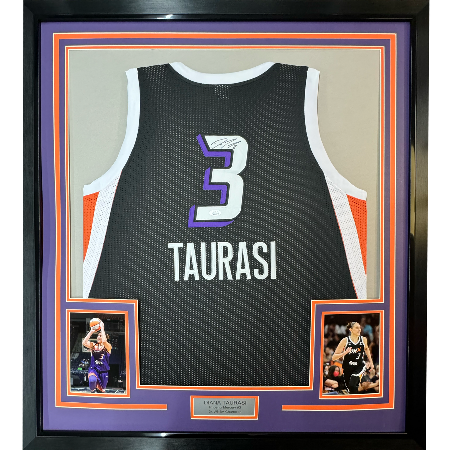 Framed Autographed/Signed Diana Taurasi 35x39 Phoenix Black Basketball Jersey JSA COA
