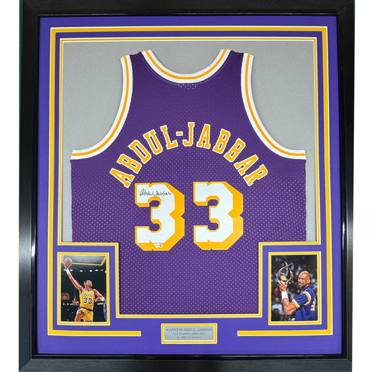 Framed Autographed/Signed Kareem Abdul-Jabbar 35x39 Los Angeles Lakers Mitchell & Ness Purple Basketball Jersey Fanatics COA