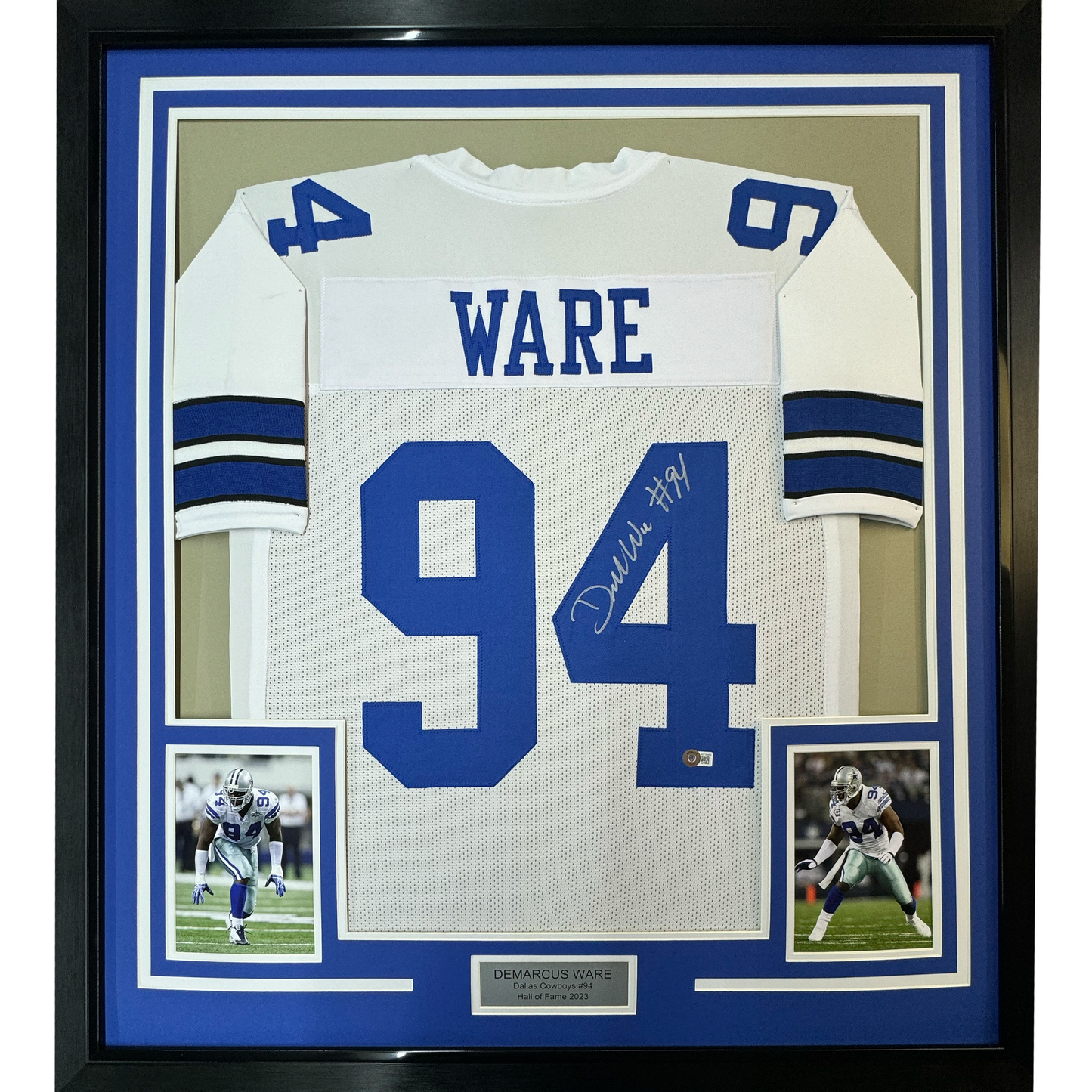 Framed Autographed/Signed Demarcus Ware 35x39 Dallas White Football Jersey Beckett BAS COA