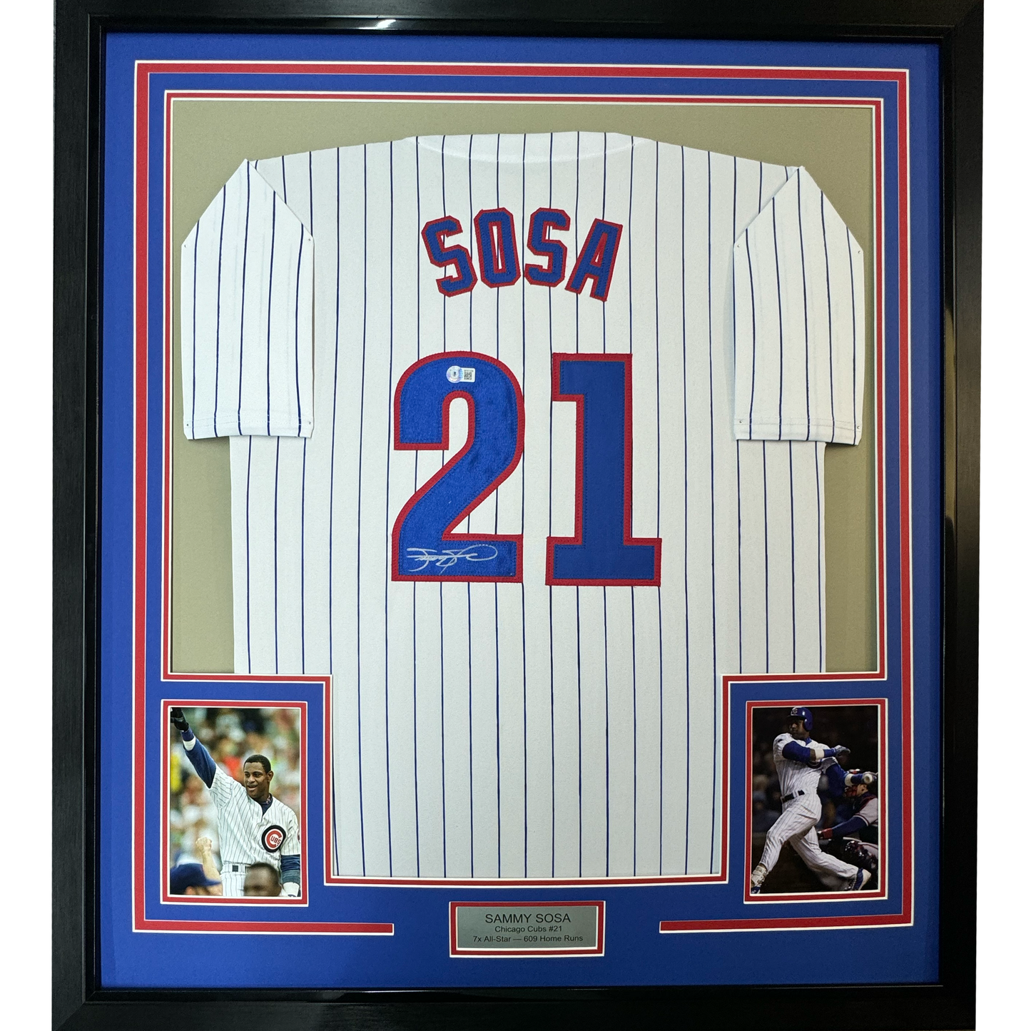 Framed Autographed/Signed Sammy Sosa 35x39 Chicago Pinstripe Baseball Jersey Beckett BAS COA