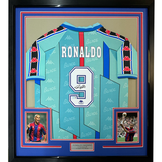 Framed Autographed/Signed Ronaldo Nazario 35x39 FC Barcelona 1996-97 Teal Soccer Jersey Beckett BAS COA