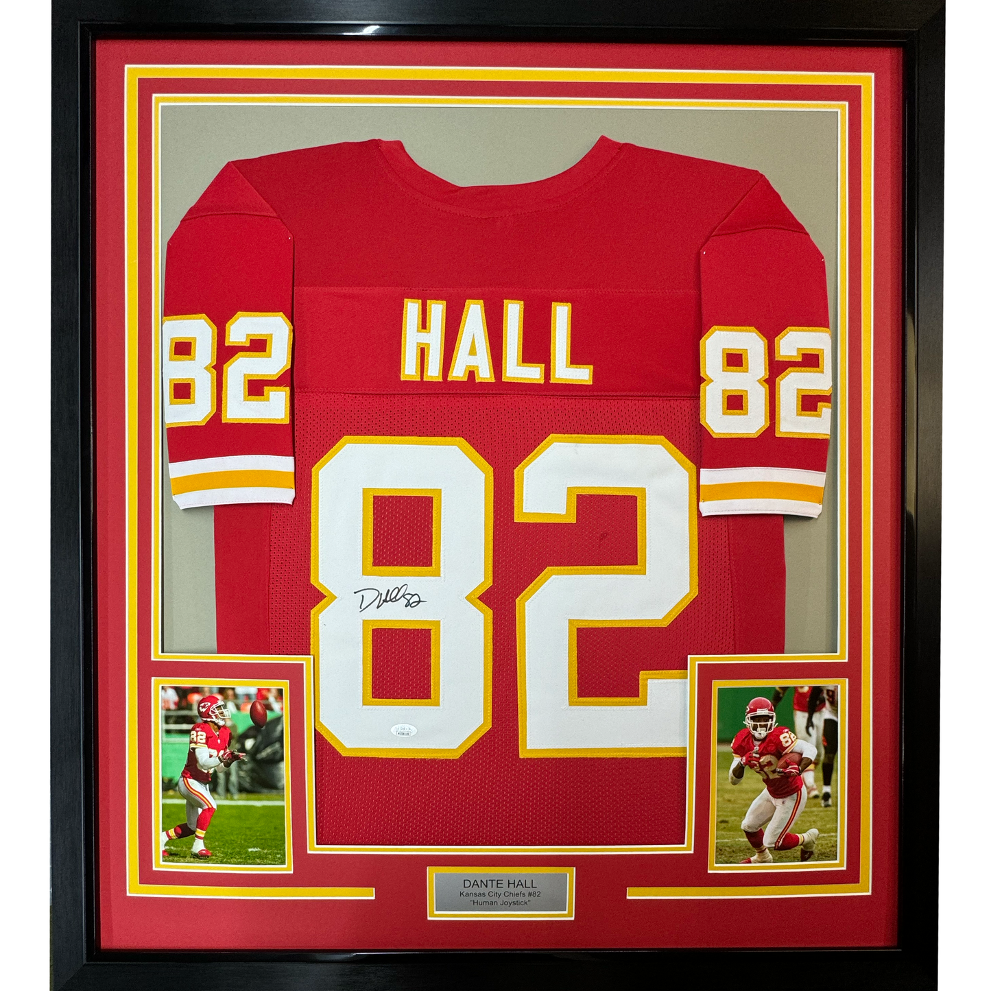Framed Autographed/Signed Dante Hall 35x39 Kansas City Red Football Jersey PSA/DNA COA
