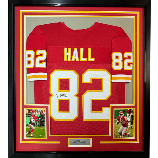 Framed Autographed/Signed Dante Hall 35x39 Kansas City Red Football Jersey PSA/DNA COA