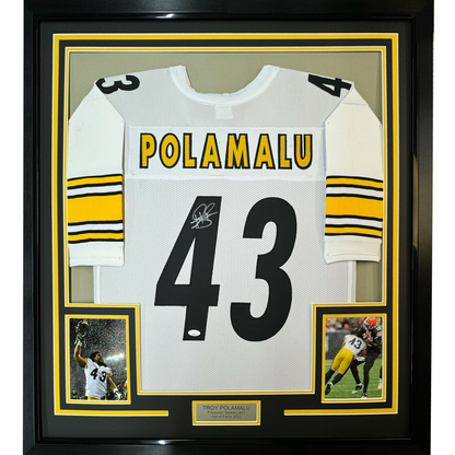 Framed Autographed/Signed Troy Polamalu 35x39 Pittsburgh White Football Jersey Beckett BAS COA