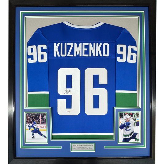Framed Autographed/Signed Andrei Kuzmenko 35x39 Vancouver Blue Hockey Jersey PSA/DNA COA
