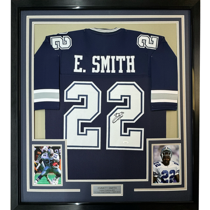Framed Autographed/Signed Emmitt Smith 35x39 Dallas Blue Football Jersey Beckett BAS COA