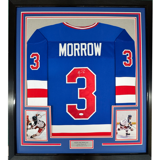 Framed Autographed/Signed Ken Morrow 35x39 Blue 1980 Miracle On Ice United States Hockey Jersey JSA COA