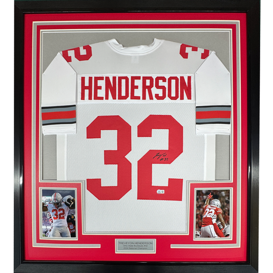 Framed Autographed/Signed TreVeyon Henderson 35x39 Ohio State White College Football Jersey Beckett BAS COA