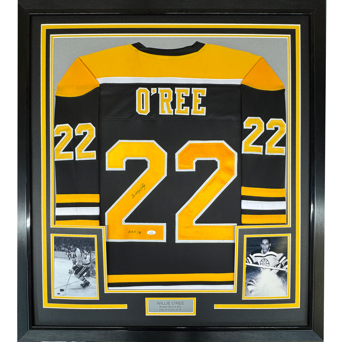Framed Autographed/Signed Willie O'Ree "HOF 2018" 35x39 Boston Black Hockey Jersey JSA COA