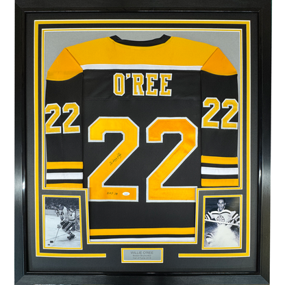 Framed Autographed/Signed Willie O'Ree "HOF 2018" 35x39 Boston Black Hockey Jersey JSA COA