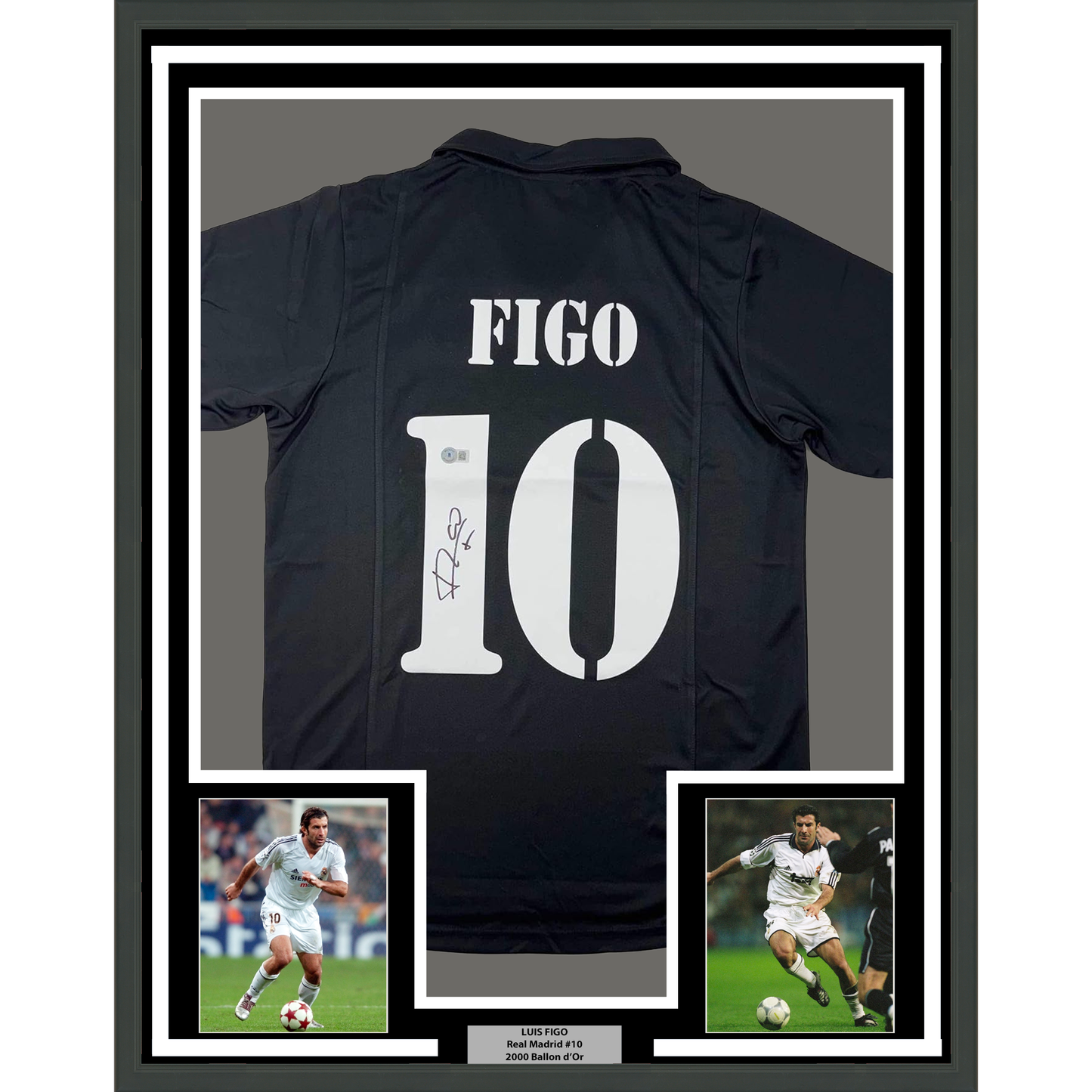 Framed Autographed/Signed Luis Figo 35x39 Real Madrid Black Soccer Jersey Beckett BAS COA