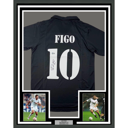 Framed Autographed/Signed Luis Figo 35x39 Real Madrid Black Soccer Jersey Beckett BAS COA