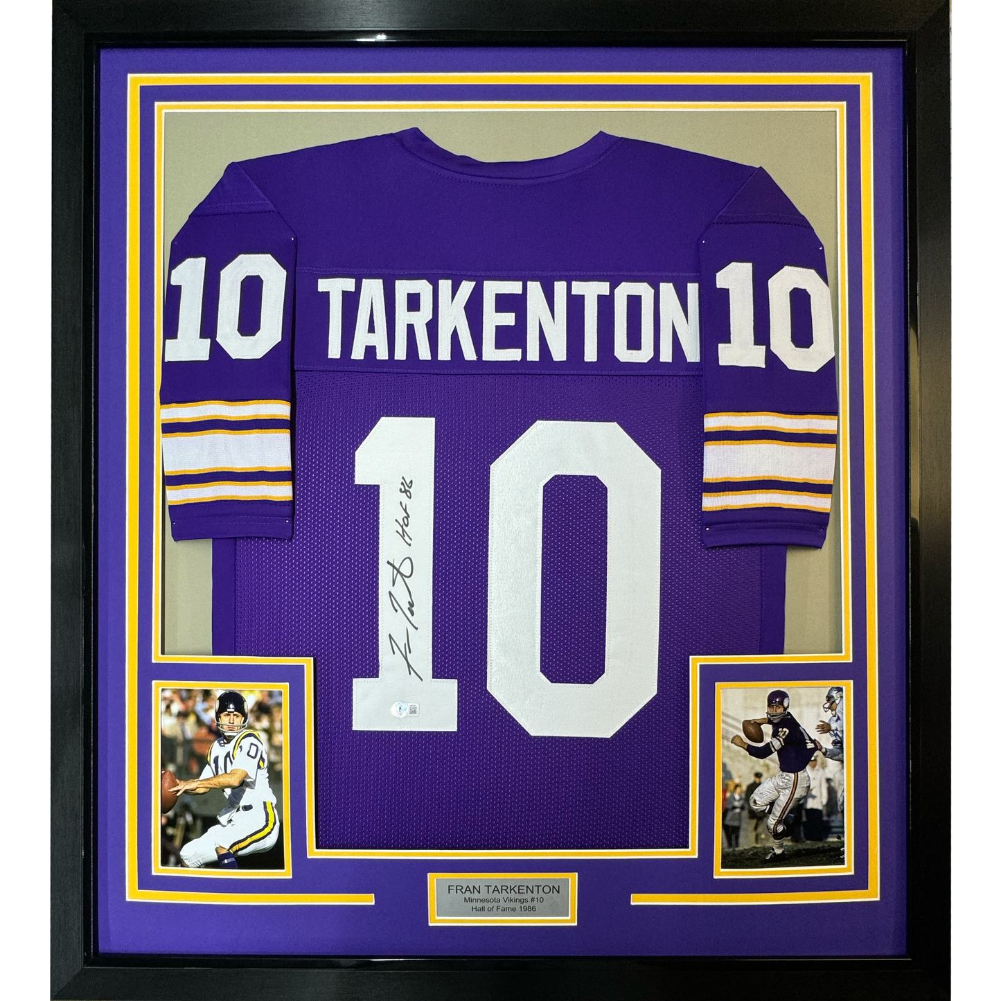 Framed Autographed/Signed Fran Tarkenton HOF 86 35x39 Minnesota Purple Football Jersey JSA COA