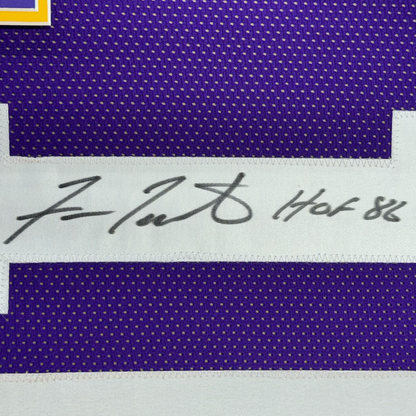 Framed Autographed/Signed Fran Tarkenton HOF 86 35x39 Minnesota Purple Football Jersey JSA COA