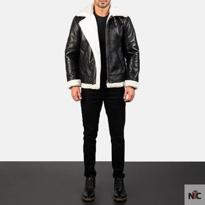 Francis B-3 Black & White Leather Bomber Jacket