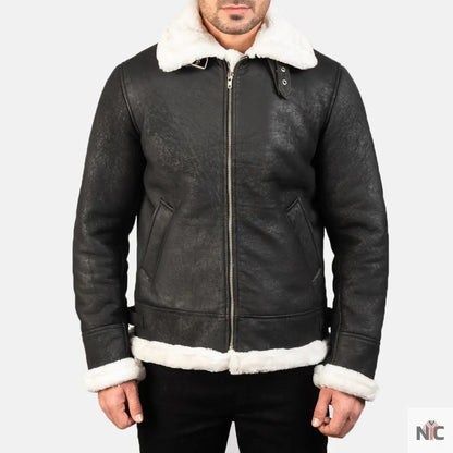 Francis B-3 Distressed Black Leather Bomber Jacket