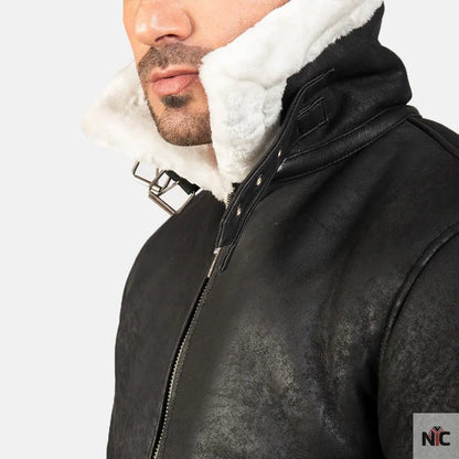 Francis B-3 Distressed Black Leather Bomber Jacket