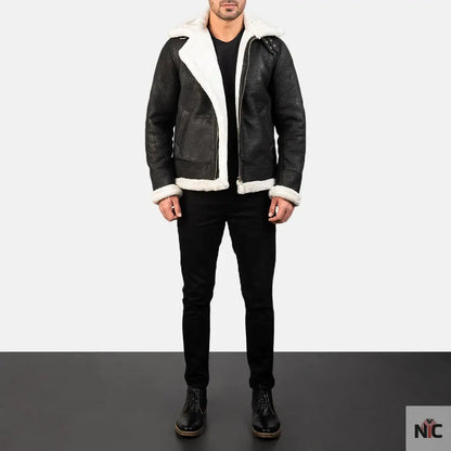 Francis B-3 Distressed Black Leather Bomber Jacket