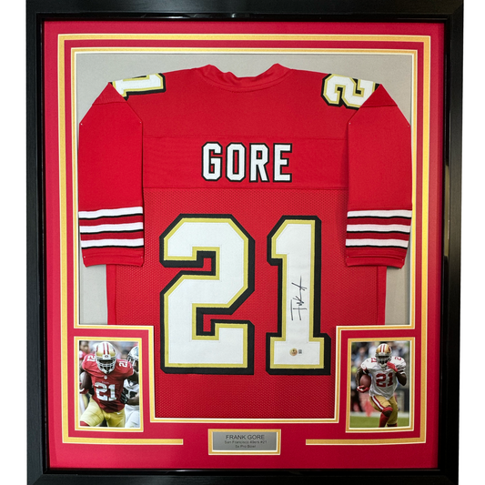 Framed Autographed/Signed Frank Gore 35x39 San Francisco Red Football Jersey Beckett BAS COA