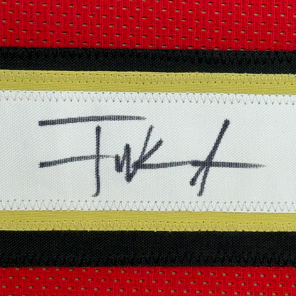 Framed Autographed/Signed Frank Gore 35x39 San Francisco Red Football Jersey Beckett BAS COA