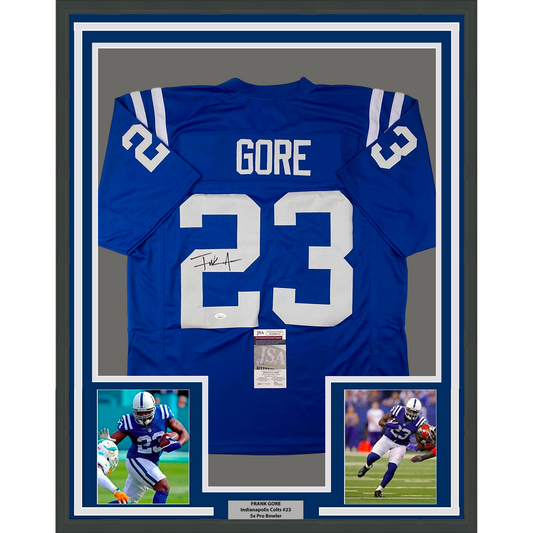 Framed Autographed/Signed Frank Gore 35x39 Indianapolis Blue Football Jersey JSA COA