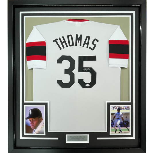 Framed Autographed/Signed Frank Thomas 35x39 Chicago Retro White Baseball Jersey JSA COA