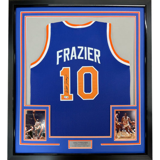 Framed Autographed/Signed Walt Frazier 35x39 New York Blue Basketball Jersey PSA/DNA COA