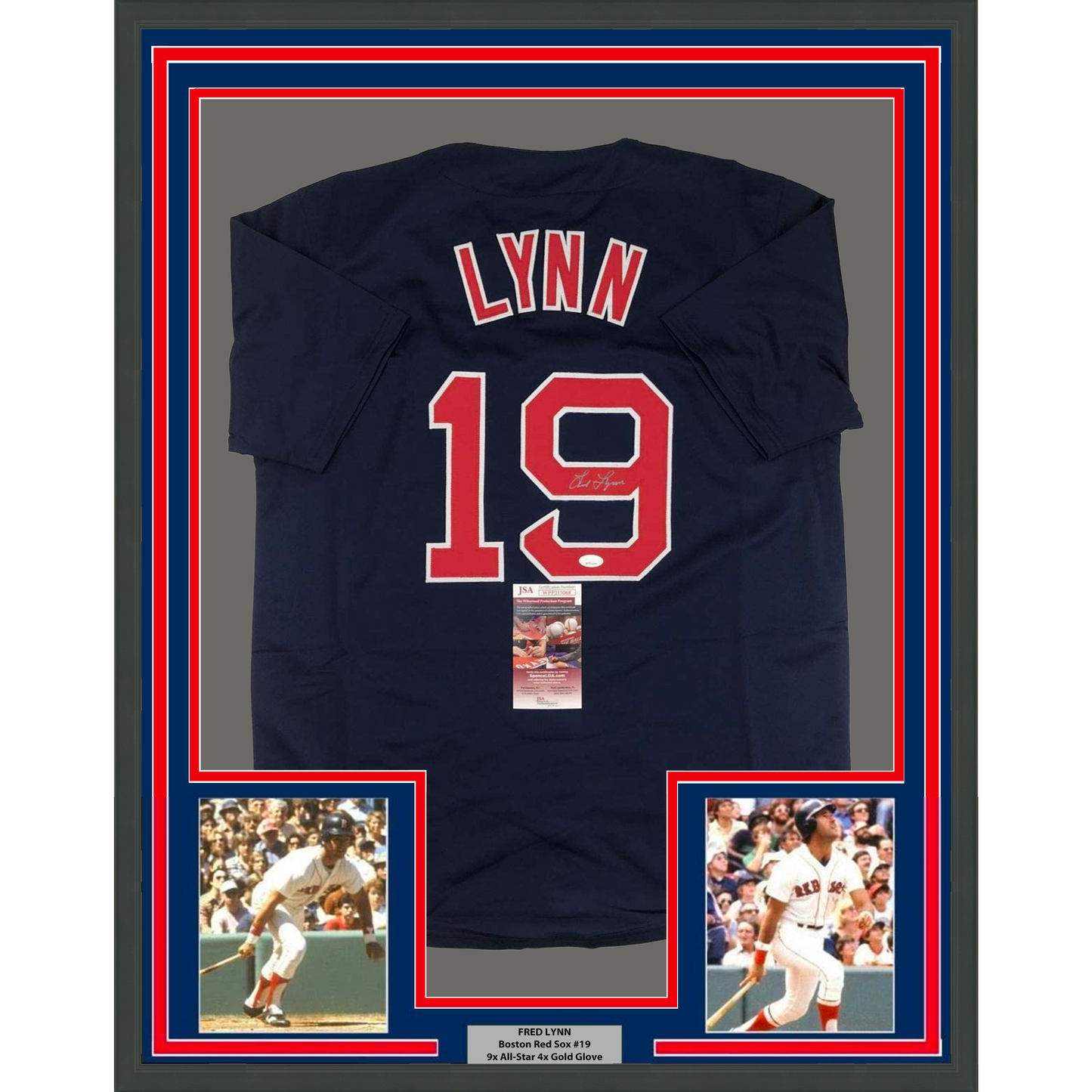 Framed Autographed/Signed Fred Lynn 35x39 Boston Blue Baseball Jersey JSA COA