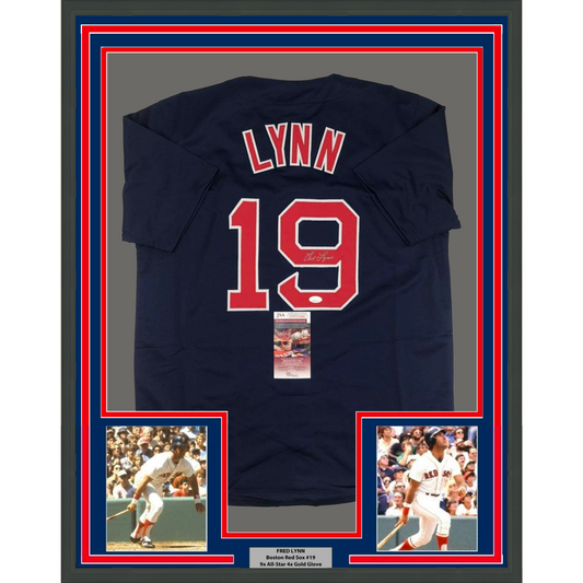 Framed Autographed/Signed Fred Lynn 35x39 Boston Blue Baseball Jersey JSA COA